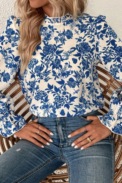 Floral Print Flounce Sleeve Keyhole Back Blouse