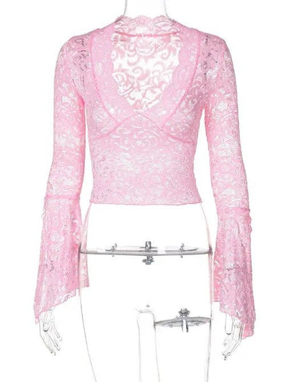 V Neck Floral Lace Tops Bell Long Sleeve