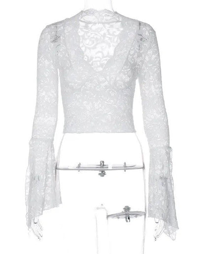 V Neck Floral Lace Tops Bell Long Sleeve