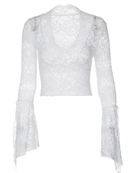 V Neck Floral Lace Tops Bell Long Sleeve