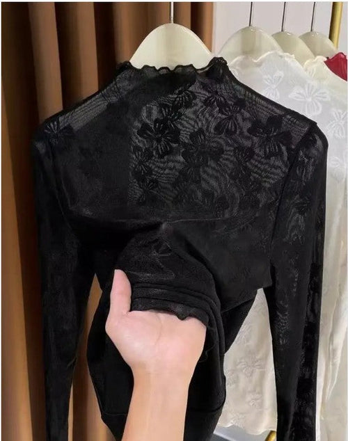 Mesh bow printed long sleeve top