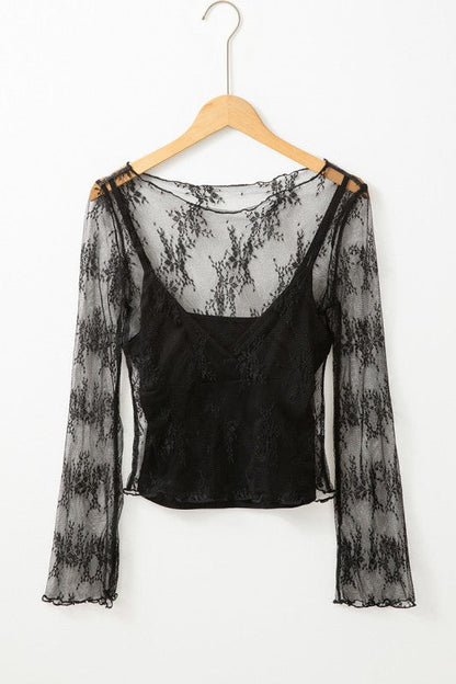 Lace Mesh Crochet Splicing Slim Long Sleeve Blouse