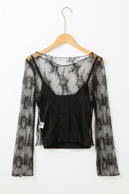 Lace Mesh Crochet Splicing Slim Long Sleeve Blouse