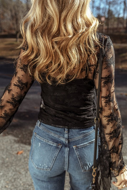 Lace Mesh Crochet Splicing Slim Long Sleeve Blouse