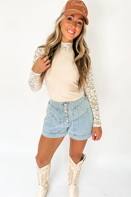 Floral Lace Patchwork Long Sleeve High Neck Top