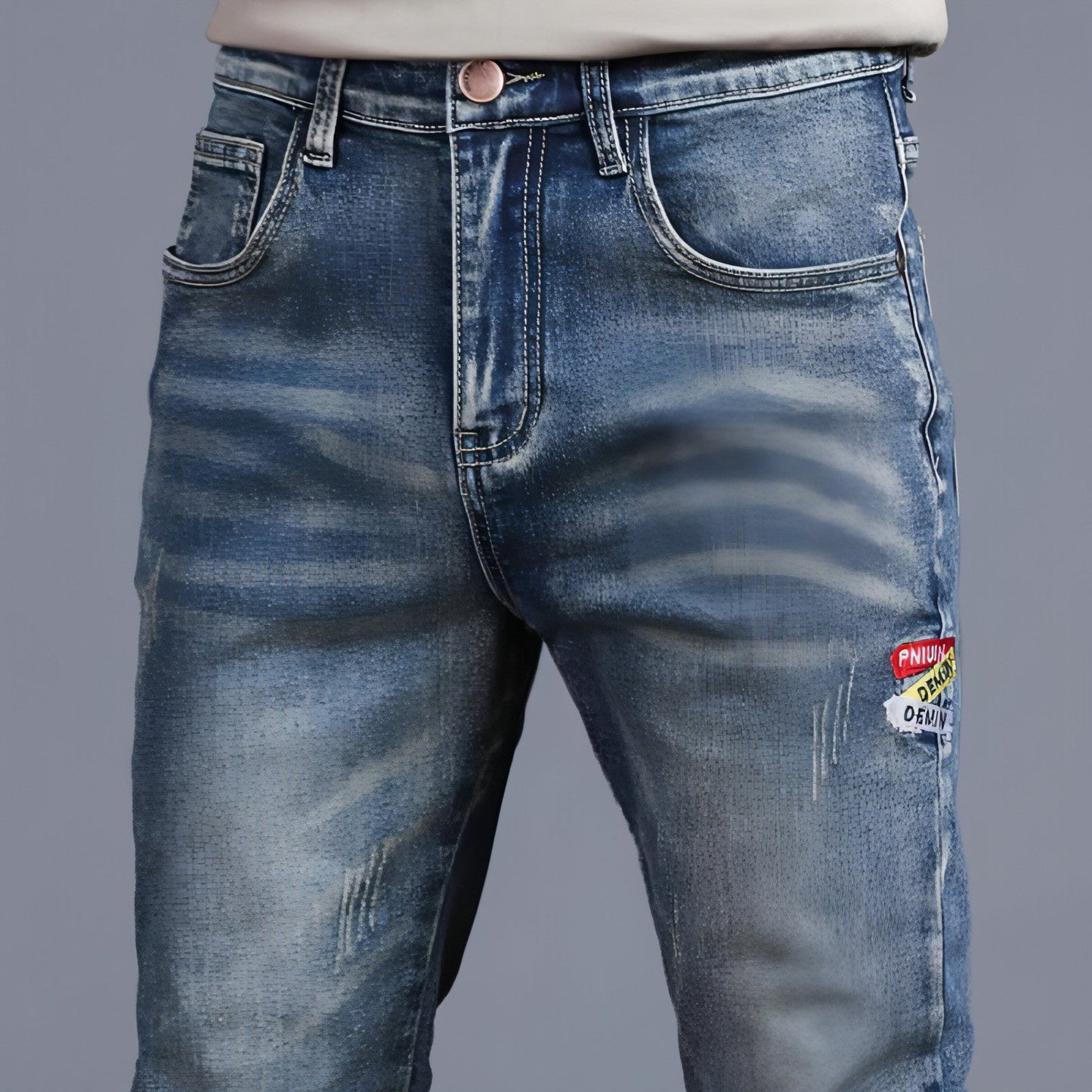 Youth Retro Embroidered Denim Pants Men Jeans