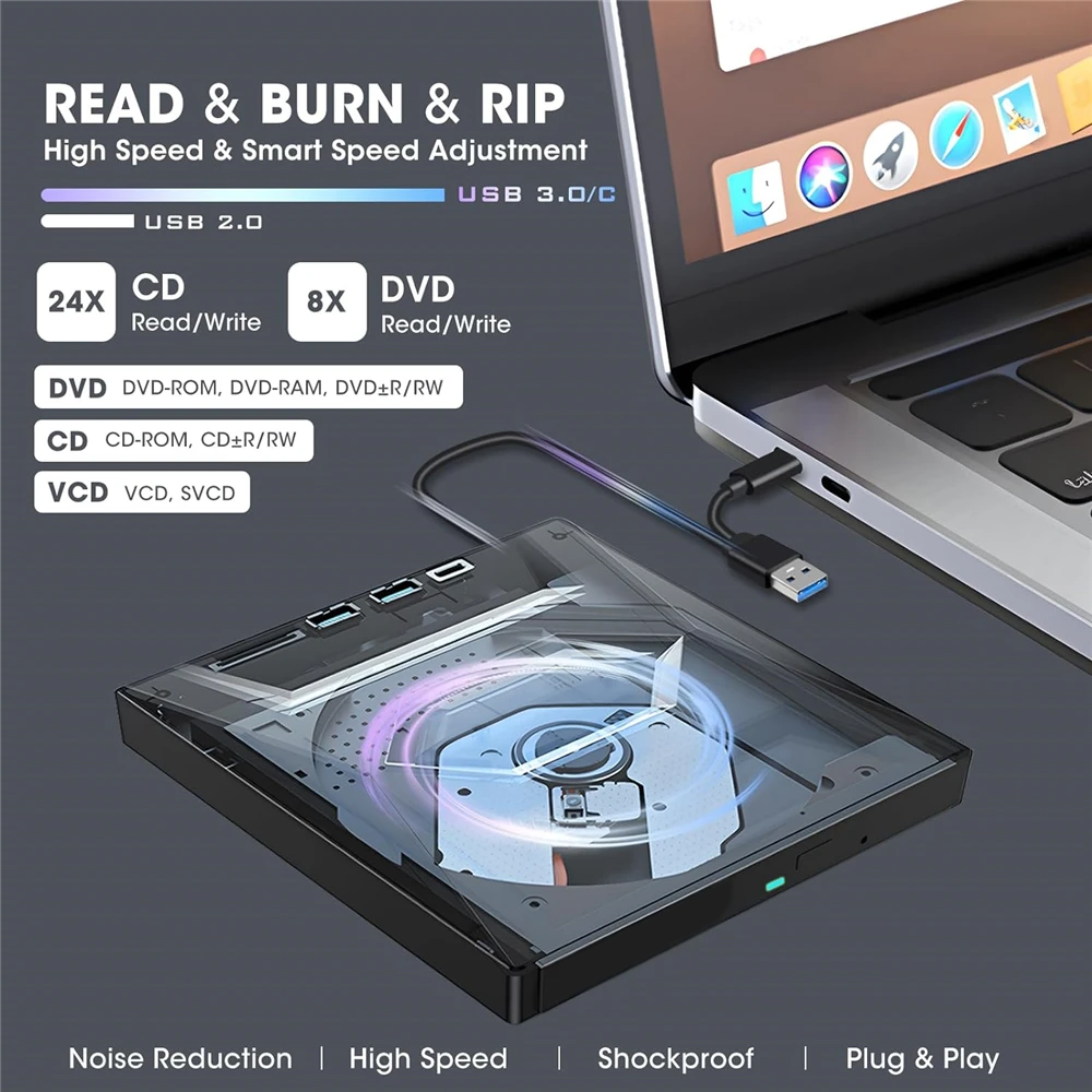 External CD DVD Drive USB 3.0 Writer Burner Player for PC Laptop