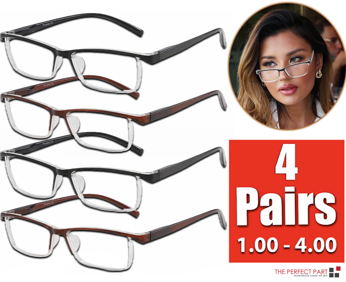 4 Pack Reading Glasses Readers Men Women Square Frame Spring Hinge