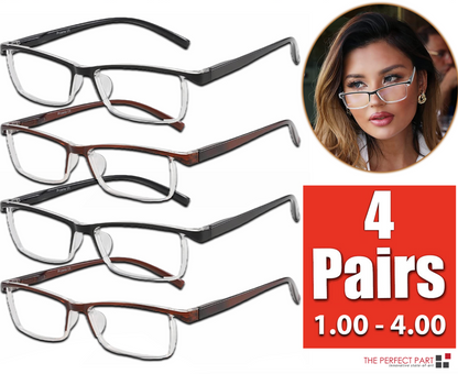 4 Pack Reading Glasses Readers Men Women Square Frame Spring Hinge