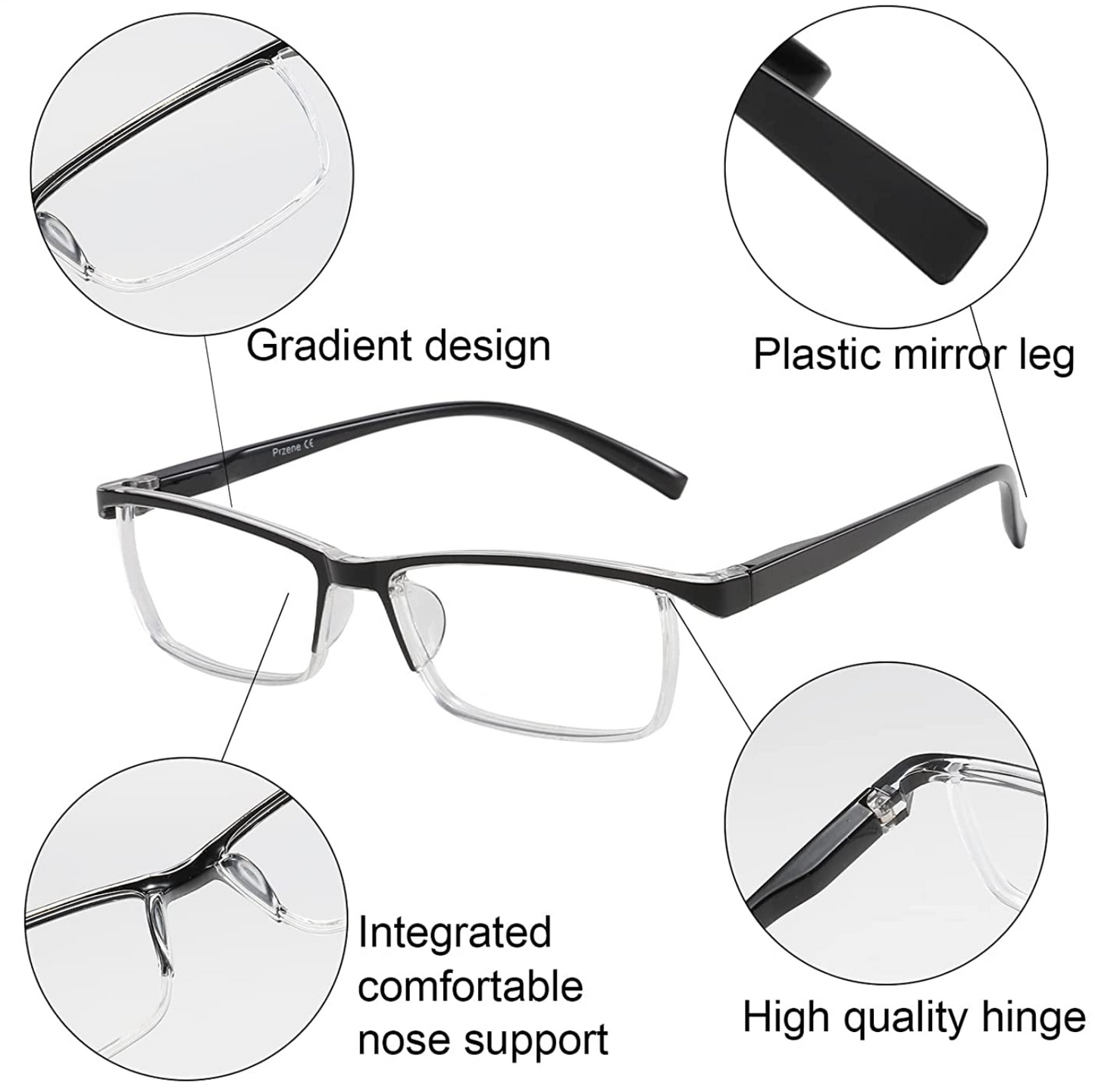 4 Pack Reading Glasses Readers Men Women Square Frame Spring Hinge