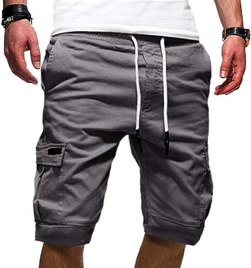 Men Casual Chino Cargo Shorts Elastic Waist Drawstring 6 Pockets
