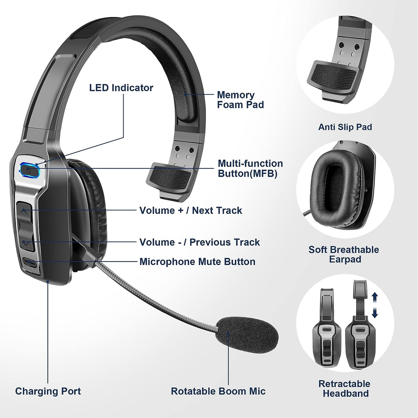 Trucker Bluetooth 5.2 Wireless Headset With Noise Cancelling Mic For