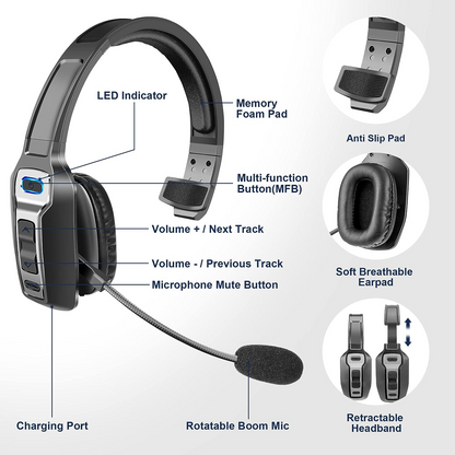 Trucker Bluetooth 5.2 Wireless Headset With Noise Cancelling Mic For