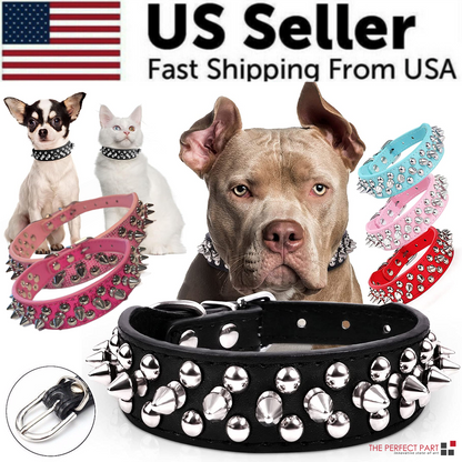 Spiked Studded Leather Dog Collar Rivets Pet Small Large Cat Pit Bull