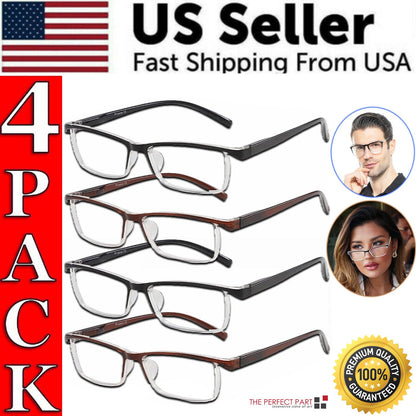 4 Pack Reading Glasses Readers Men Women Square Frame Spring Hinge