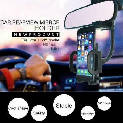 Universal 360° Car Rearview Mirror Mount Stand Holder Cradle For Cell