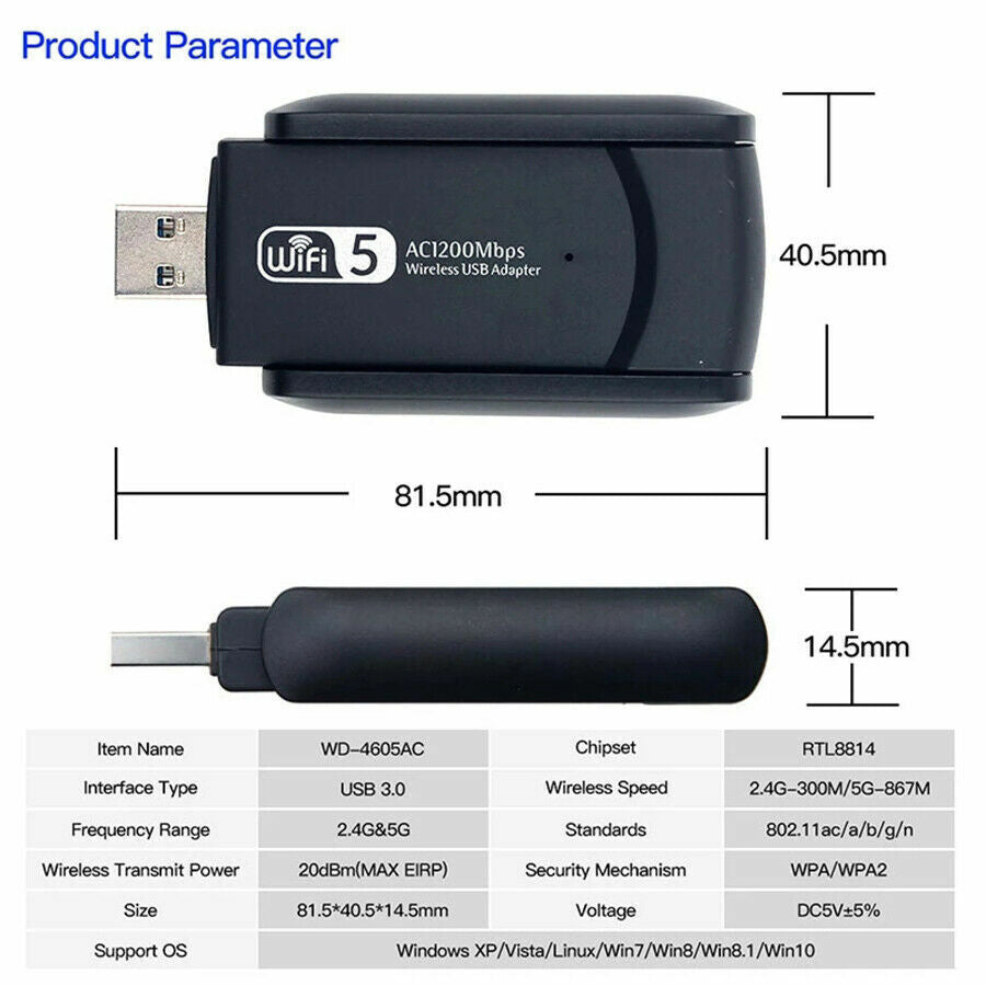 1200Mbps Long Range AC1200 Dual Band 5GHz Wireless USB 3.0 WiFi
