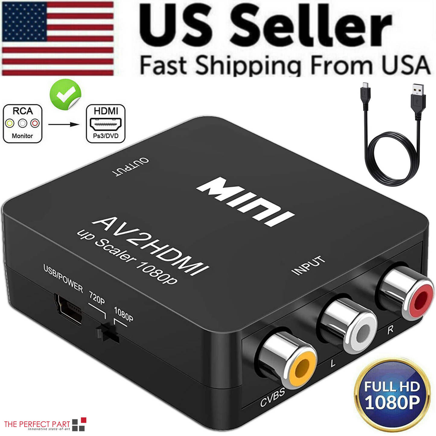 RCA to HDMI Converter Adapter AV 1080P For TV Audio Video Composite