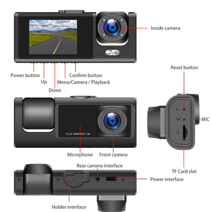 Car Dual Lens Dash Cam HD 1080P Front/Rear/Inside Video Recorder