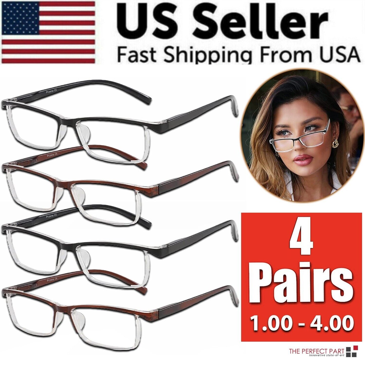 4 Pack Reading Glasses Readers Men Women Square Frame Spring Hinge