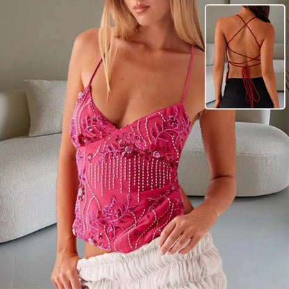 Y2K Dopamine-colored Bandeau Sling Tops Summer V-neck Flower Beaded