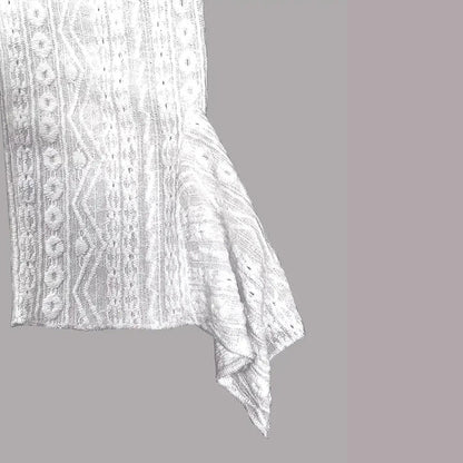 Women Round Neck Lace Trim Translucent Shirt Sexy Half Sleeve Hollow