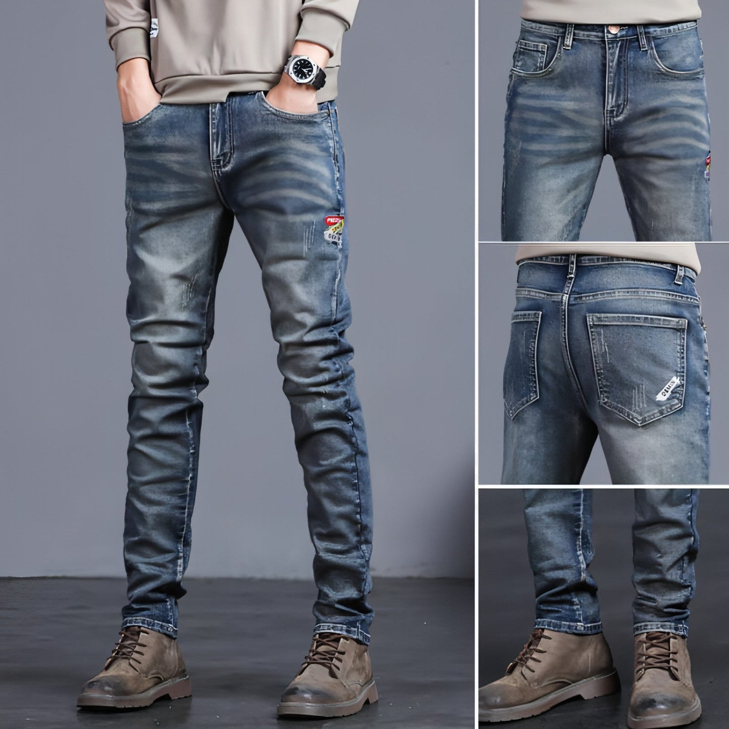 Youth Retro Embroidered Denim Pants Men Jeans