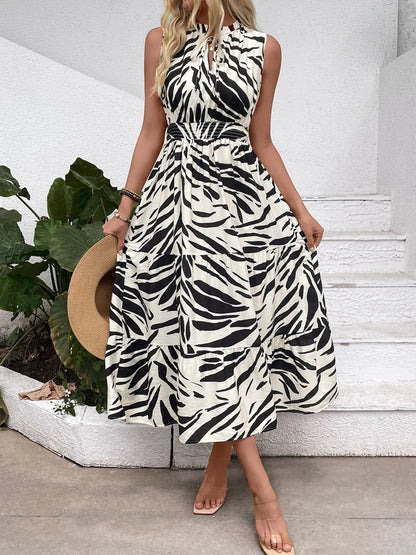 Printed Notched Sleeveless Midi Dress