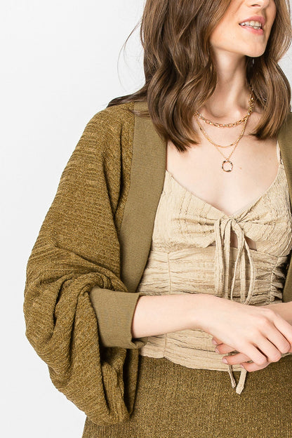 HEAVY RIBBED BOLERO SHRUG LONG SLEEVE CARDIGAN WIDE LEG PANTS SET