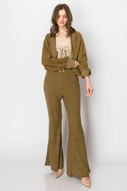 HEAVY RIBBED BOLERO SHRUG LONG SLEEVE CARDIGAN WIDE LEG PANTS SET