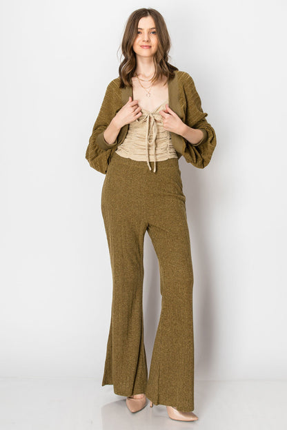 HEAVY RIBBED BOLERO SHRUG LONG SLEEVE CARDIGAN WIDE LEG PANTS SET