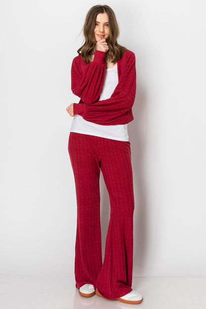HEAVY RIBBED BOLERO SHRUG LONG SLEEVE CARDIGAN WIDE LEG PANTS SET