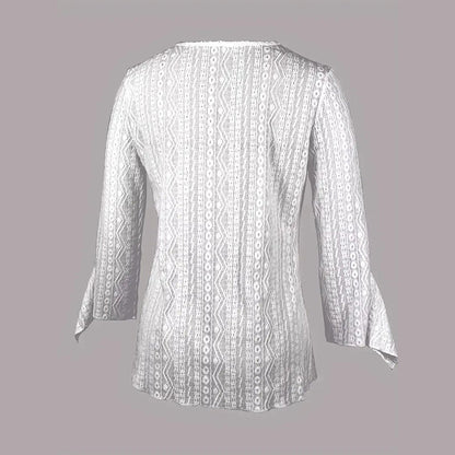 Women Round Neck Lace Trim Translucent Shirt Sexy Half Sleeve Hollow