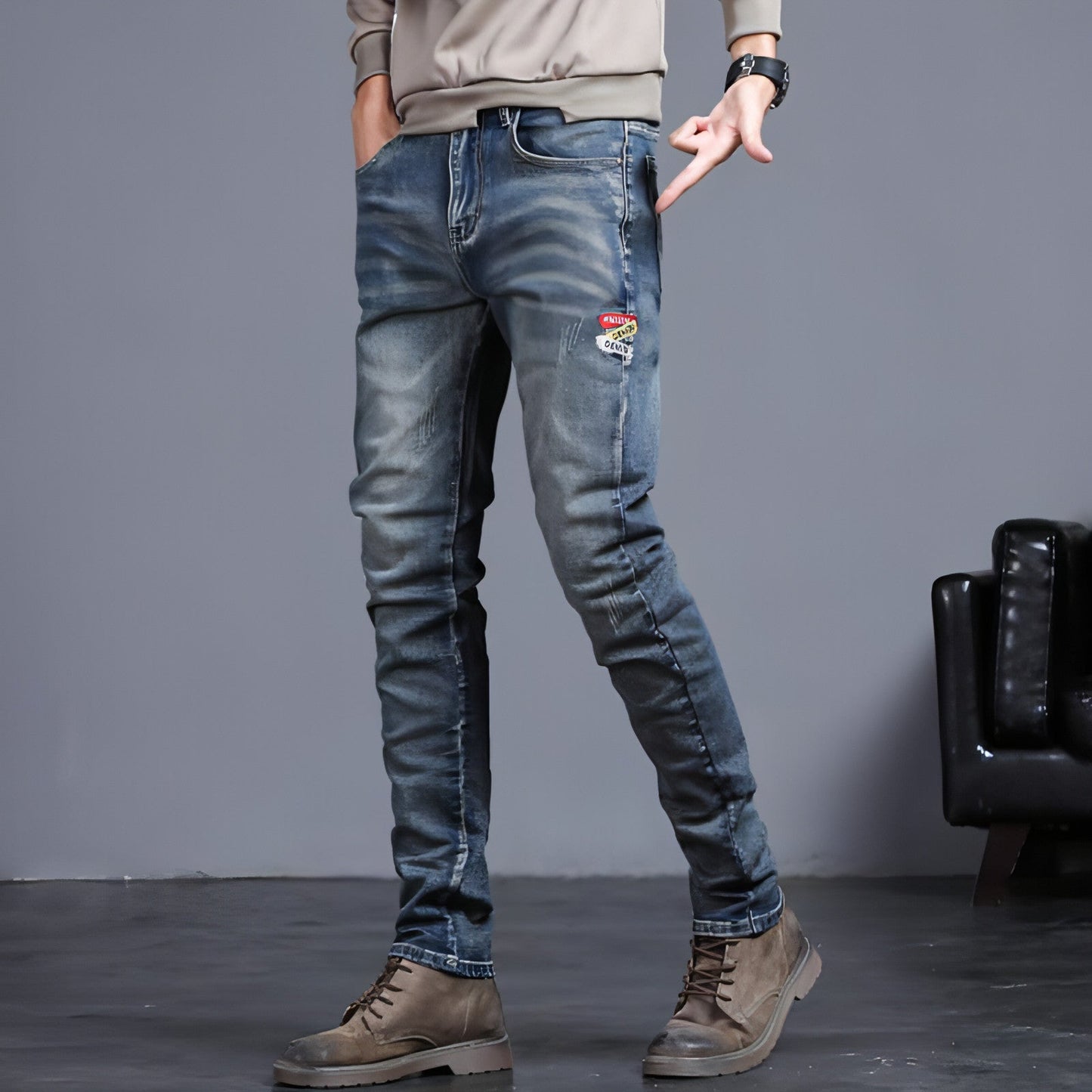 Youth Retro Embroidered Denim Pants Men Jeans