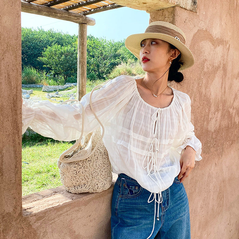 Elegant Ivory Blouse Ladies' Extended Sleeve