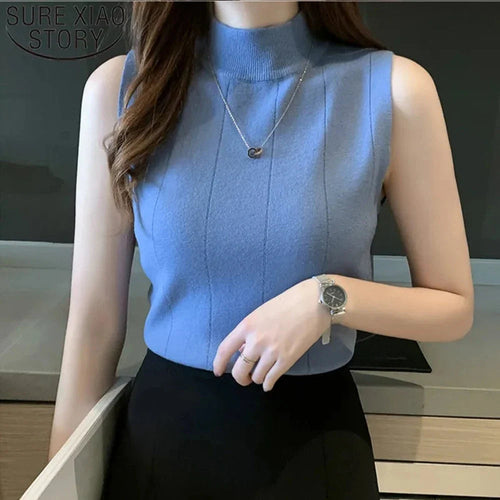 Womens Korean Theme High Collar Sleeveless Top