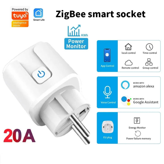 Tuya ZigBee Smart Plug EU 20A With Power Monitoring Timing Adapter