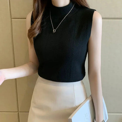 Womens Korean Theme High Collar Sleeveless Top