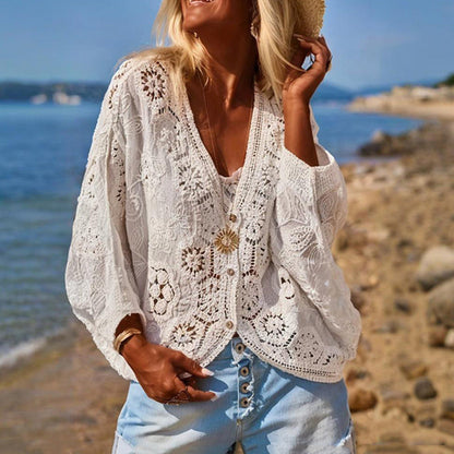 Women Fashion V-Neck Button Lace Semi-Sheer Geometric Pattern