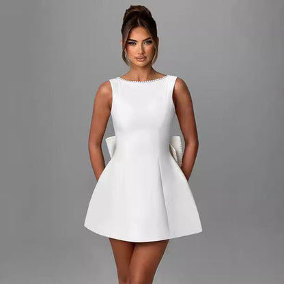 Fashion Big-Bowed Pearls Backless Dress Summer Slim Sleeveless A-line