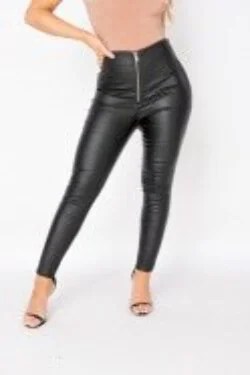 Black Coated Exposed Zip Skinny Trousers