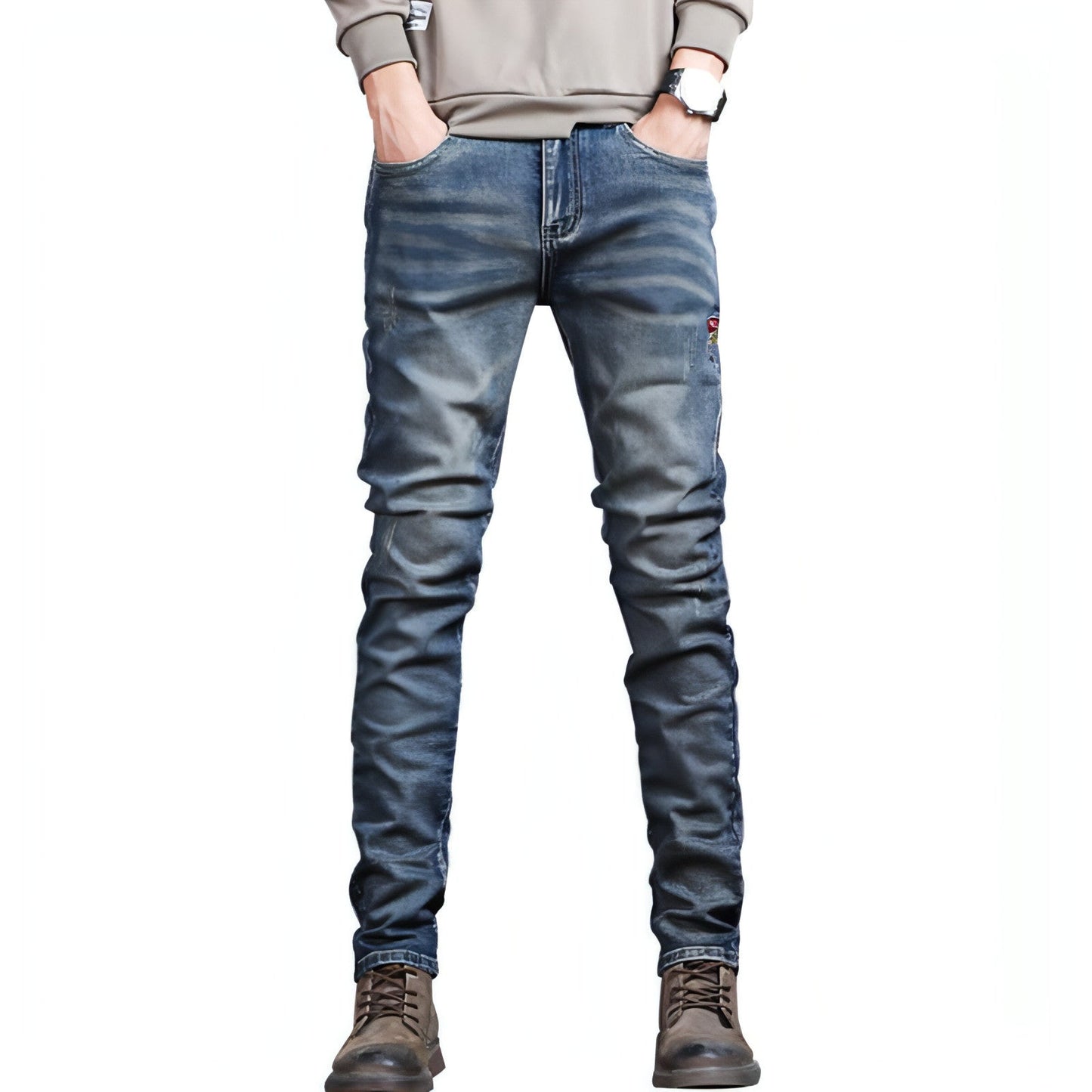 Youth Retro Embroidered Denim Pants Men Jeans