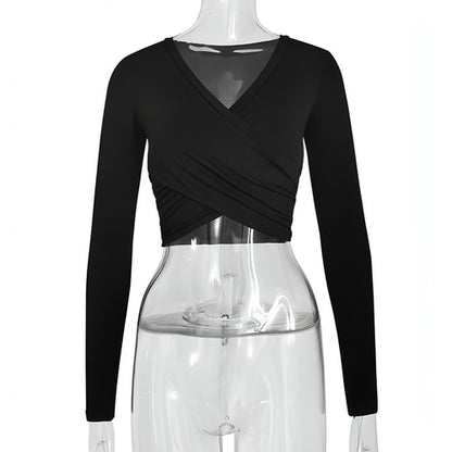 Women's Clothing Cross V-neck Stitching Slim-fit Long-sleeved