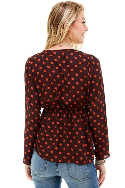 Polka Dot Print Cinched Chest 3/4 Sleeves Hi-Low