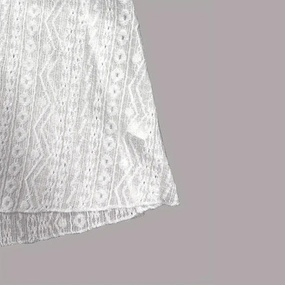 Women Round Neck Lace Trim Translucent Shirt Sexy Half Sleeve Hollow