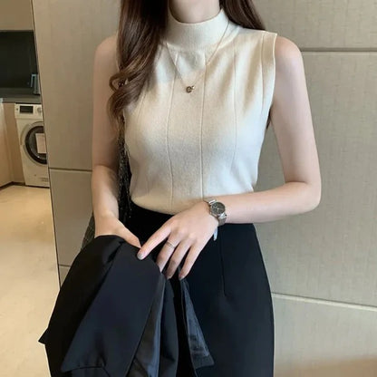 Womens Korean Theme High Collar Sleeveless Top