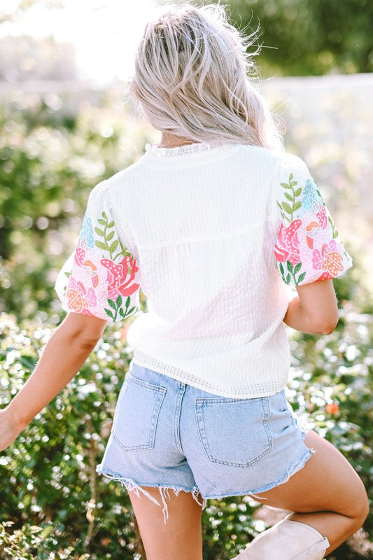 Priscilla Embroidered Puff Sleeve Notched Neck Blo