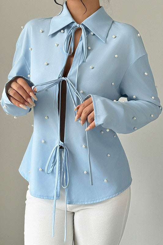 Solid Tie Front Pearl Embellished Fit Blouse