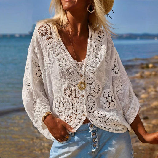 Women Fashion V-Neck Button Lace Semi-Sheer Geometric Pattern