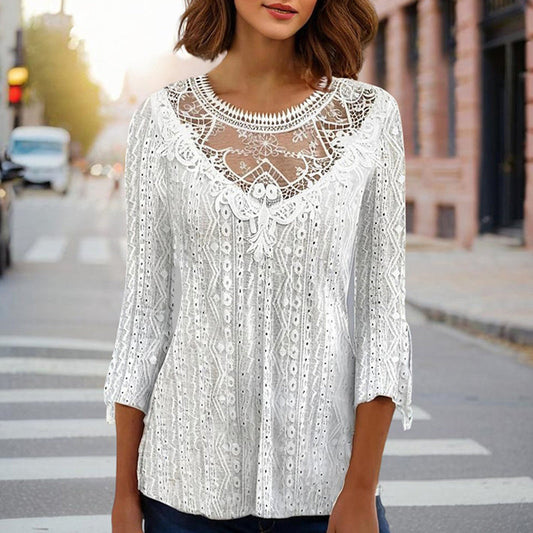 Women Round Neck Lace Trim Translucent Shirt Sexy Half Sleeve Hollow